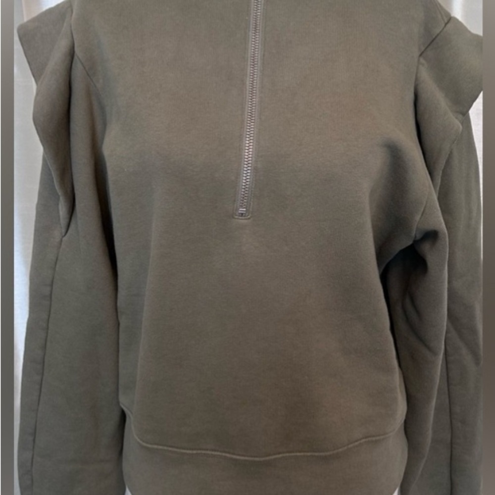 FRAME Sporty Half Zip Ruffle Shoulder Detail Sweatshirt Military Green S EUC - Picture 11 of 14